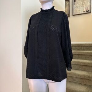 ⭐️ Reitmans XS Black Eyelet Lace-Trim Puff Sleeve Sheerish Top NWT